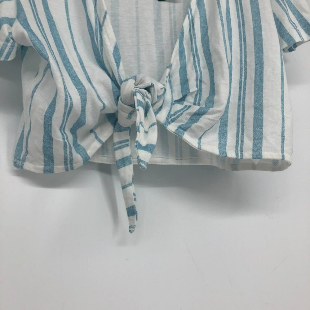 TWIK Simons blue white stripe tie front short sleeve crop top M - Picture 3 of 14